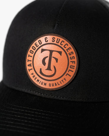 Leather Patch 5 Panel Retro Trucker Hat - Black