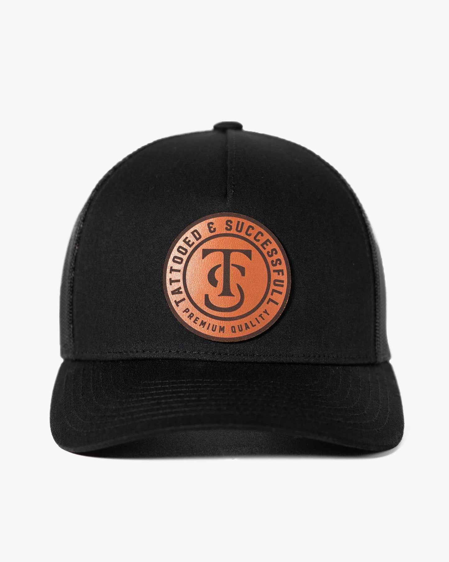 Leather Patch 5 Panel Retro Trucker Hat - Black