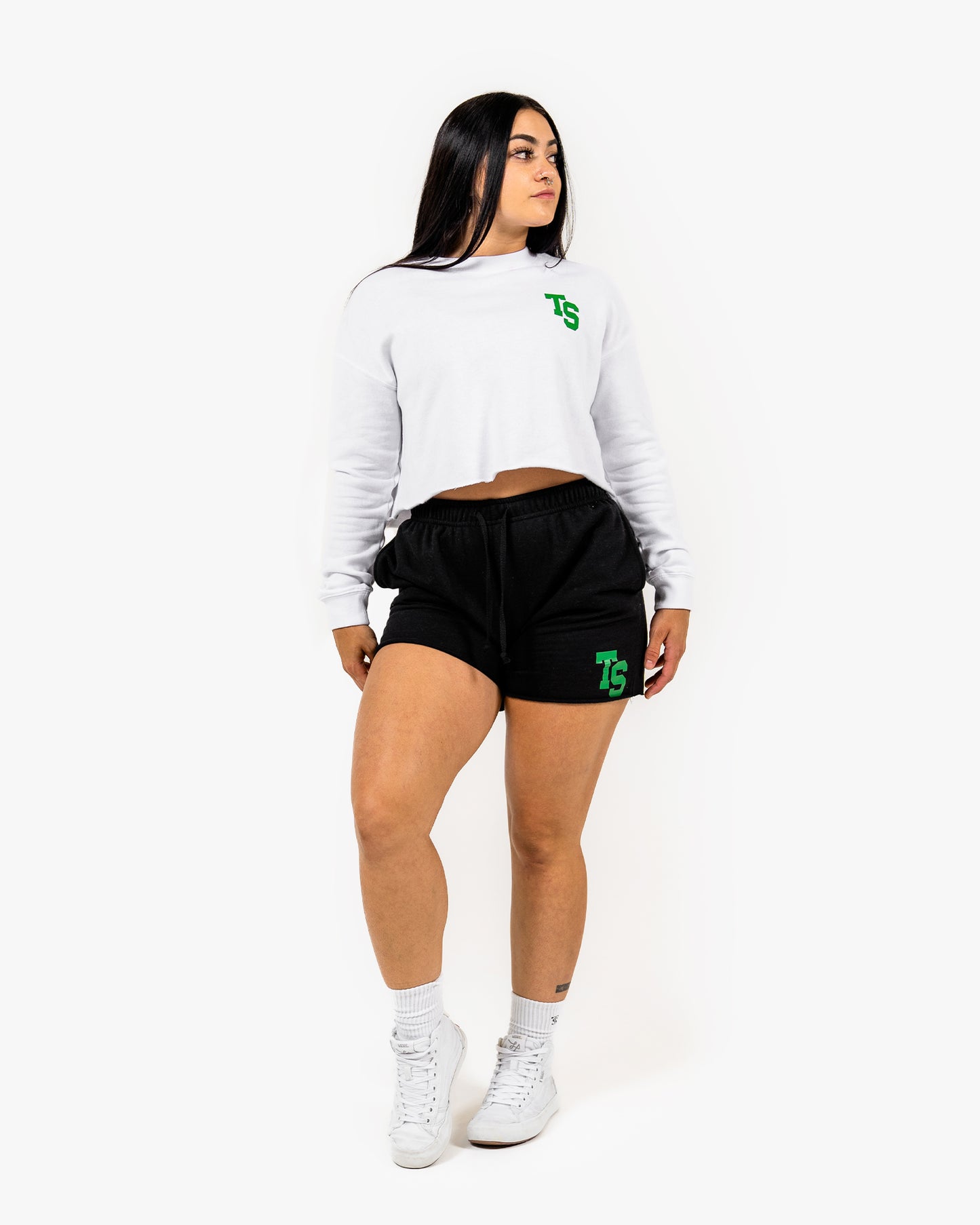 WKND Crop Crewneck - White w/ Green