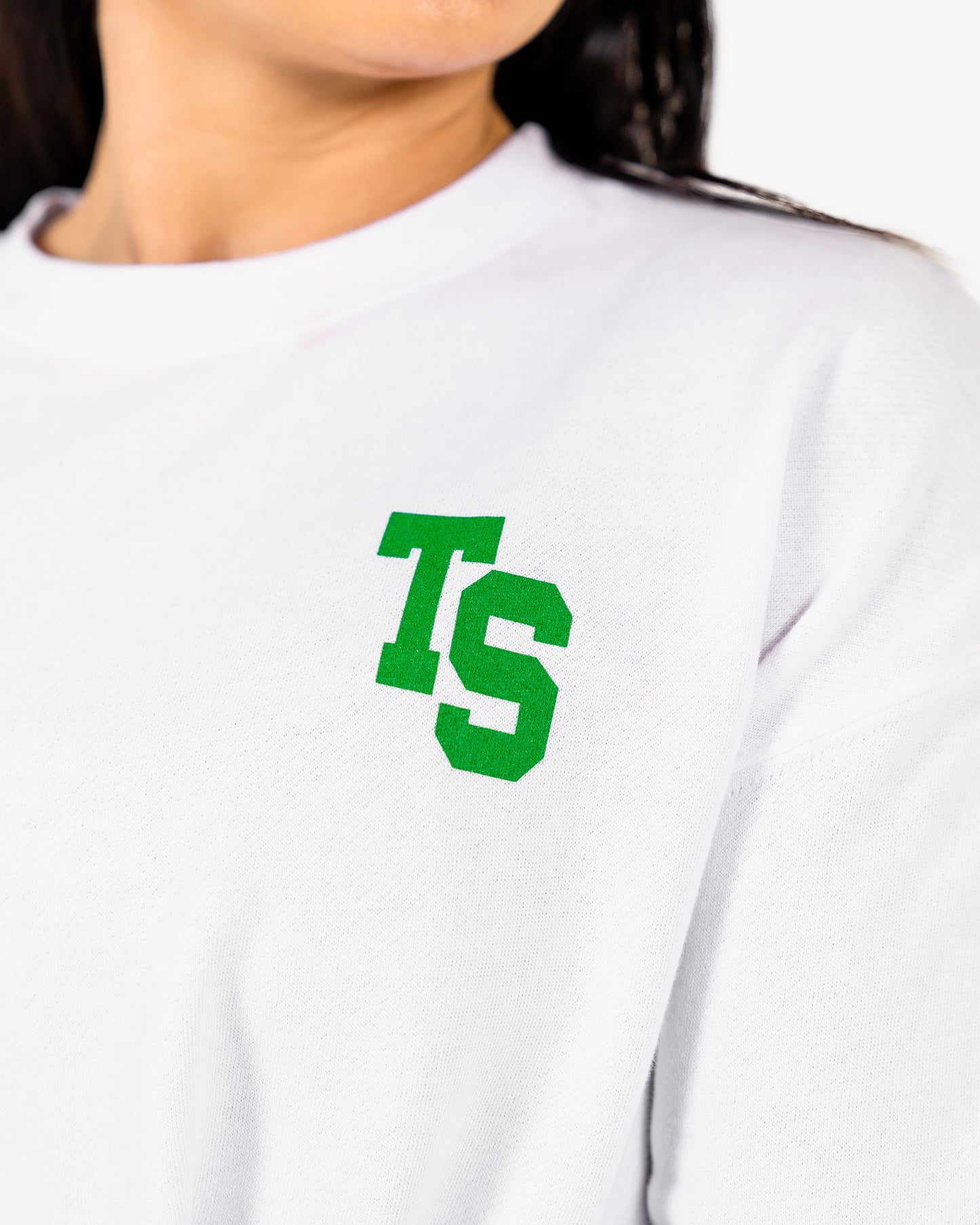 WKND Crop Crewneck - White w/ Green