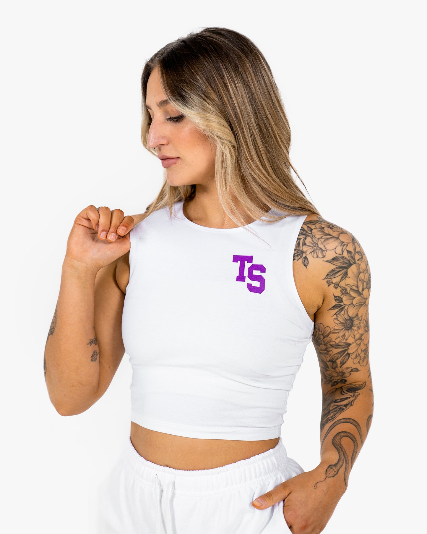 WKND Fitted Crop Tank - White w/ Purple