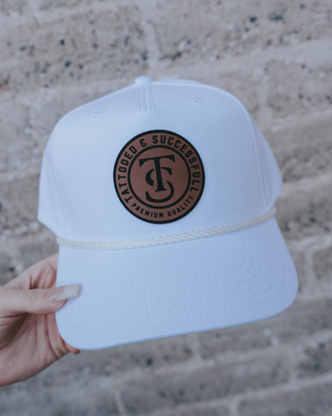 Leather Patch 5 Panel Rope Hat - White