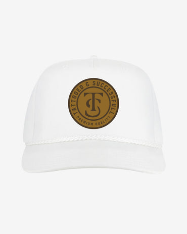 Leather Patch 5 Panel Rope Hat - White
