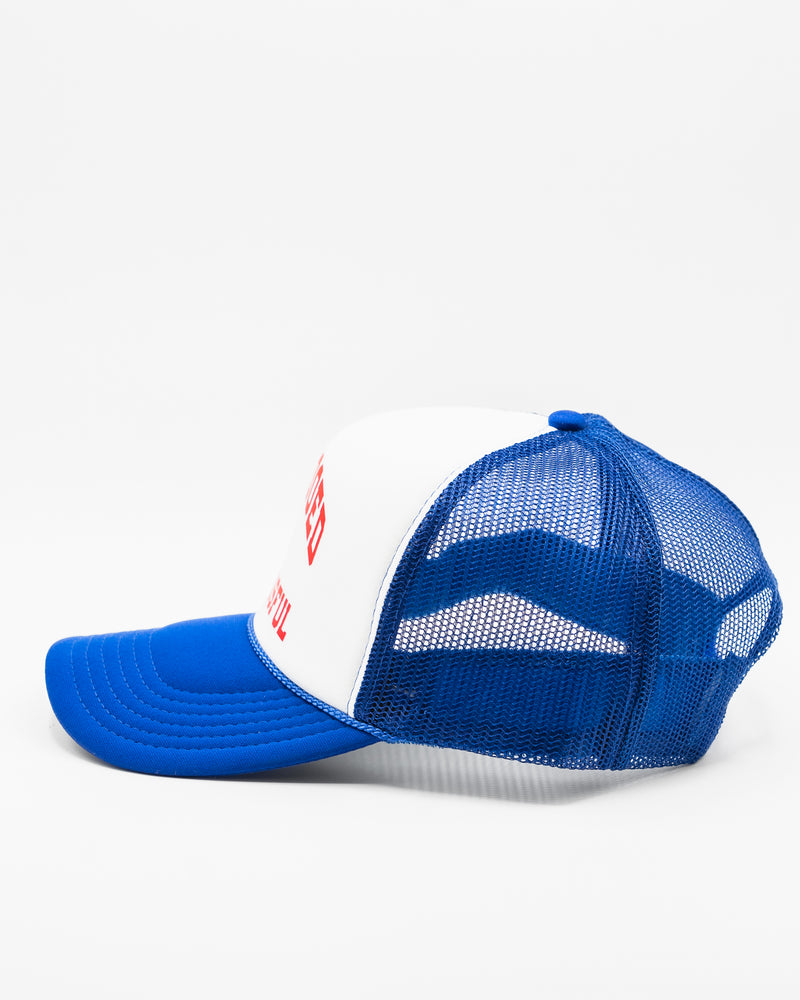 WKND Foam Trucker Hat - Royal and White w/ Red