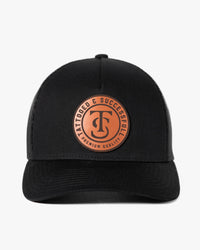 Leather Patch 5 Panel Retro Trucker Hat - Black