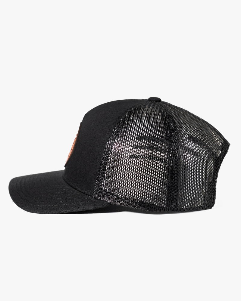 Leather Patch 5 Panel Retro Trucker Hat - Black