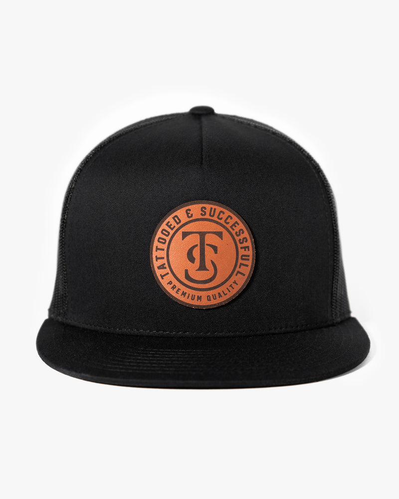 Leather Patch Classic Snapback Trucker Hat - Black
