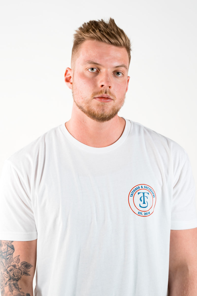 EST 18 T-Shirt - White w/Blue&Red